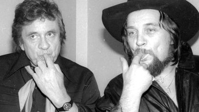 Johnny Cash and Waylon Jennings tasting cake