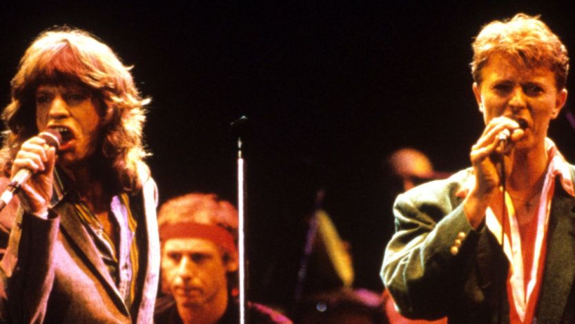 David Bowie and Mick Jagger performing