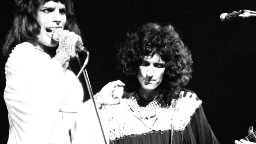 Freddie Mercury and Brian May of Queen performing