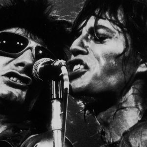 Ronnie Wood and Mick Jagger of The Rolling Stones performing
