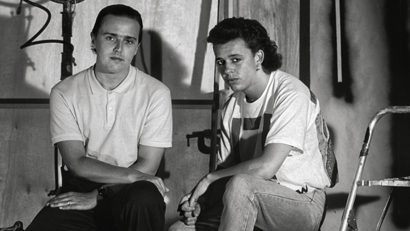 Portrait of English Pop musicians Curt Smith (left) and Roland Orzabal, of the group Tears For Fears, Los Angeles, California, 1985. (Photo by John Kisch Archive/Getty Images)