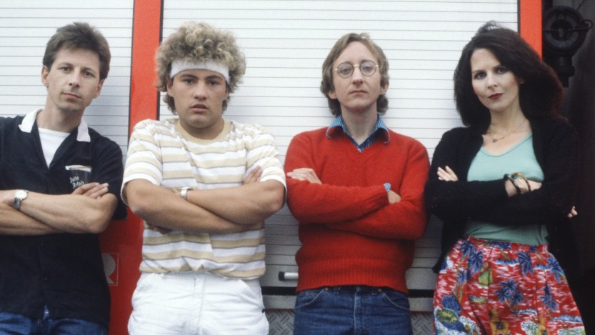 Portrait of The Korgis, James Warren, John Baker, Maggie Stewart, Hitring Plage (BRT Television Show), Blankenberge, Belgium, 21st August 1981. (Photo by Gie Knaeps/Getty Images)