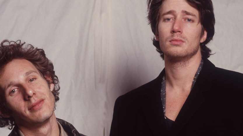 Portrait of American music duo David & David as they pose at the Park West Theater, Chicago, Illinois, November 16, 1986. Pictured are David Baerwald (left) and David Ricketts. (Photo by Paul Natkin/Getty Images)
