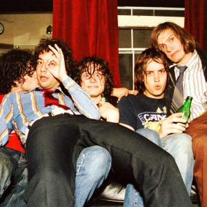 Portrait of The Strokes backstage at The Fillmore, San Francisco, California, USA on 16th October 2001, L-R Fabrizio Moretti, Albert Hammond Jr, Nick Valensi, Julian Casablancas and Nikolai Fraiture. (Photo by Anthony PIdgeon/Redferns)
