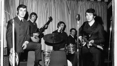 The Moody Blues pop group, sound-checking on stage. The band are (from left to right) Ray Thomas, Clint Warwick, Graeme Edge, Mike Pinder and Denny Laine. Original Publication: People Disc - HN0262 (Photo by Keystone Features/Getty Images)