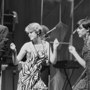 The Human League performing to their single 'Love Action (I Believe In Love)' on the BBC TV music show, 'Top Of The Pops', London, 6th August 1981. Left to right: Phil Oakey, Susanne Sulley and Joanne Catherall. (Photo by Michael Putland/Getty Images)