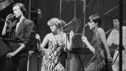 The Human League performing to their single 'Love Action (I Believe In Love)' on the BBC TV music show, 'Top Of The Pops', London, 6th August 1981. Left to right: Phil Oakey, Susanne Sulley and Joanne Catherall. (Photo by Michael Putland/Getty Images)