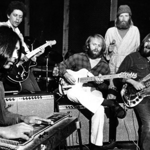 CIRCA 1965: Pedal steel guitarist Ricky Fataar and fellow South African guitarist Terence William 'Blondie' Chaplin join Al Jardine, Mike Love and Carl Wilson of the rock and roll band "The Beach Boys" onstage in circa 1972. (Photo by Michael Ochs Archives/Getty Images)