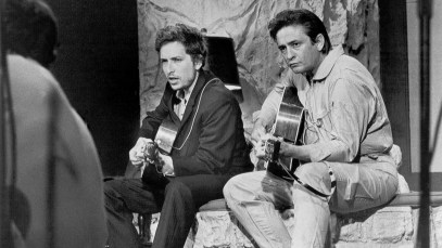 NASHVILLE, TN - JUNE 7: Bob Dylan and Johnny Cash perform together with acoustic guitars on 'The Johnny Cash Show' on June 7, 1969 in Nashville, Tennessee. (Photo by Michael Ochs Archives/Getty Images)