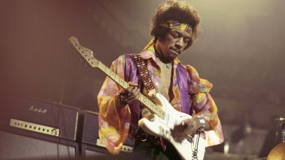 American rock guitarist and singer Jimi Hendrix (1942-1970) performs live on stage playing a white Fender Stratocaster guitar with The Jimi Hendrix Experience at the Royal Albert Hall in London on 24th February 1969. (Photo by David Redfern/Redferns)