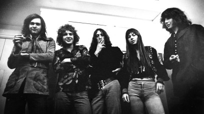 AMSTERDAM, NETHERLANDS - JANUARY 01: Sonja Kristina Linwood (2nd from right) and fellow band members from Curved Air posed in Amsterdam, Netherlands in 1972 (Photo by Gijsbert Hanekroot/Redferns)