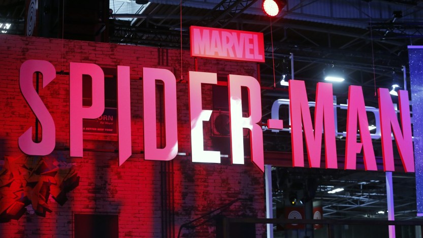 PARIS, FRANCE - OCTOBER 27: The logo of the video game "Marvel's Spider-Man" developed by Insomniac Games and published by Sony Interactive Entertainment is displayed during the 'Paris Games Week' on October 27, 2018 in Paris, France. 'Paris Games Week' is an international trade fair for video games and runs from October 26 to 31, 2018. (Photo by Chesnot/Getty Images)