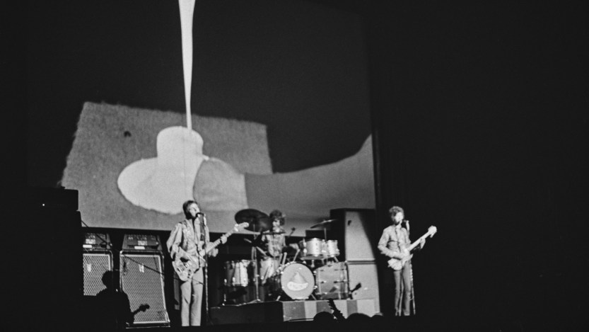 British rock band Cream (British bass player Jack Bruce (1943-2014), British drummer Ginger Baker (1939-2019), and British guitarist Eric Clapton) perform live on stage, location unspecified, April 1967. (Photo by Don Paulsen/Michael Ochs Archives/Getty Images)