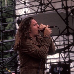 Musician Eddie Vedder of Pearl Jam performs at Lollapalooza 2 Music Festival on August 12, 1992 at Waterloo Village in Stanhope, New Jersey. (Photo by Ron Galella, Ltd./Ron Galella Collection via Getty Images)