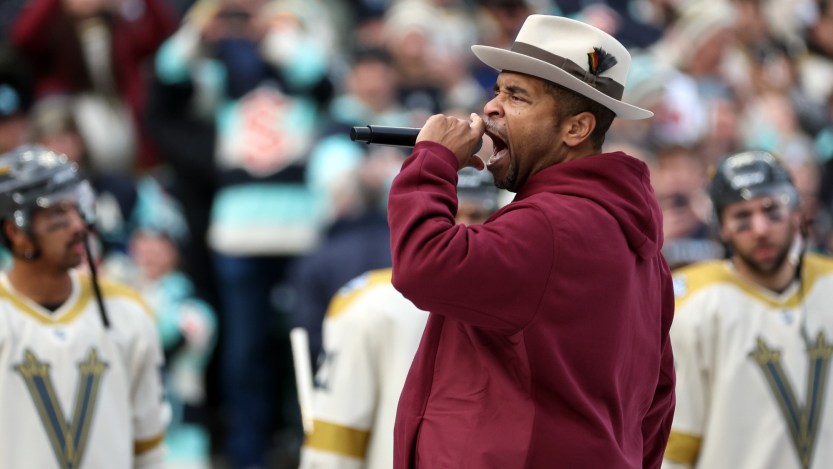SEATTLE, WASHINGTON - JANUARY 01: Rapper Sir Mix-a-Lot performs prior to the game between the Seattle Kraken and the Vegas Golden Knights at T-Mobile Park on January 01, 2024 in Seattle, Washington. (Photo by Steph Chambers/Getty Images)