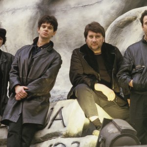 The Stranglers posing by the 'aural sculpture' after the release of their 1994 album of the same name. Left to right. Hugh Cornwell, Jet Black, Jean-Jacques Burnel, Dave Greenfield. London 1985. (Photo by Dave Hogan/Hulton Archive/Getty Images)