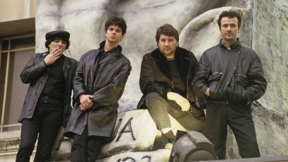 The Stranglers posing by the 'aural sculpture' after the release of their 1994 album of the same name. Left to right. Hugh Cornwell, Jet Black, Jean-Jacques Burnel, Dave Greenfield. London 1985. (Photo by Dave Hogan/Hulton Archive/Getty Images)