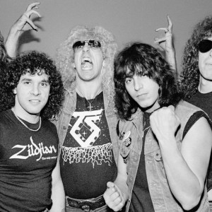 American musicians Jay Jay French, A.J. Perro, Dee Snider, Eddie "Fingers" Ojeda and Mark Mendoza of the Heavy Metal band Twisted Sister pose for photos during a visit to Atlantic Records offices on January 14, 1984 in New York, New York. (Photo By Larry Busacca/Getty Images)