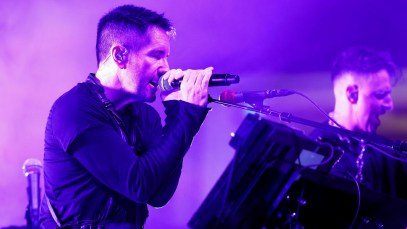 HOLLYWOOD, CALIFORNIA - OCTOBER 06: (L-R) Trent Reznor and Boys Noize perform onstage during the World Premiere of Disney's Tron: Ares at the TCL Chinese Theater in Hollywood, CA on October 06, 2025. (Photo by Rodin Eckenroth/Getty Images for Disney)