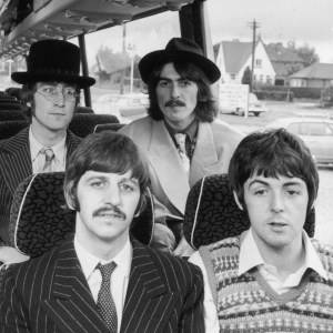 12th September 1967: The Beatles travel by coach to the West Country, for some location work on 'The Magical Mystery Tour' film. Clockwise from back left : John Lennon (1940 - 1980), George Harrison (1943 - 2001), Paul McCartney and Ringo Starr. (Photo by Potter/Express/Getty Images)
