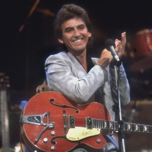 Former Beatle George Harrison (1943 - 2001) records 'Let it Be' for Ferry Aid, 1987. (Photo by Dave Hogan/Hulton Archive/Getty Images)