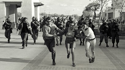 Following the May 4, 1970 shooting of students at Kent State University students at UNM took over the student union building. After several days of the occupation the National Guard were called upon to clear the students from the building. (Photo by Steven Clevenger/Corbis via Getty Images)