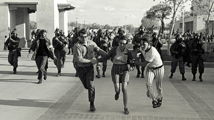 Following the May 4, 1970 shooting of students at Kent State University students at UNM took over the student union building. After several days of the occupation the National Guard were called upon to clear the students from the building. (Photo by Steven Clevenger/Corbis via Getty Images)