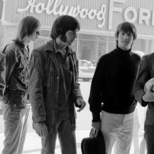 HOLLYWOOD - 1966: Supergroup "Buffalo Springfield" perform pose for a portrait outside a movie theatre in 1966 in Hollywood, California. (L-R) Stephen Stills, Bruce Palmer, Neil Young, Richie Furay, Dewey Martin. (Photo by Michael Ochs Archives/Getty Images)