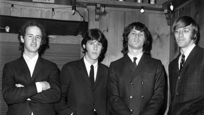 The Doors (L-R Robby Krieger, John Densmore, Jim Morrison and Ray Manzarek, house band at the Whisky a Go Go pose for a portrait in My 1966 in West Hollywood, California. (Photo by Earl Leaf/Michael Ochs Archives/Getty Images)
