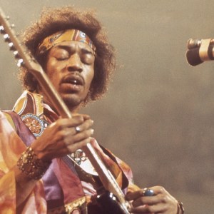 American rock guitarist and singer Jimi Hendrix (1942-1970) performs live on stage playing a black Fender Stratocaster guitar with The Jimi Hendrix Experience at the Royal Albert Hall in London on 24th February 1969. (Photo by David Redfern/Redferns)