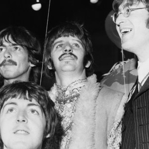 Beatles 1967 George Harrison, Paul McCartney, Ringo Starr and John Lennon at All You Need Is Love TV Show from Abbey Road June 1967