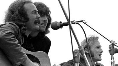 BIG SUR - SEPTEMBER 15: Crosby, Stills and Nash and Young (L-R David Crosby, Graham Nash and Stephen Stills) perform onstage at the Big Sur Folk Festival held at the Esalen Institue on September, 15 1969 in Big Sur, California. (Photo by Robert Altman/Michael Ochs Archives/Getty Images)