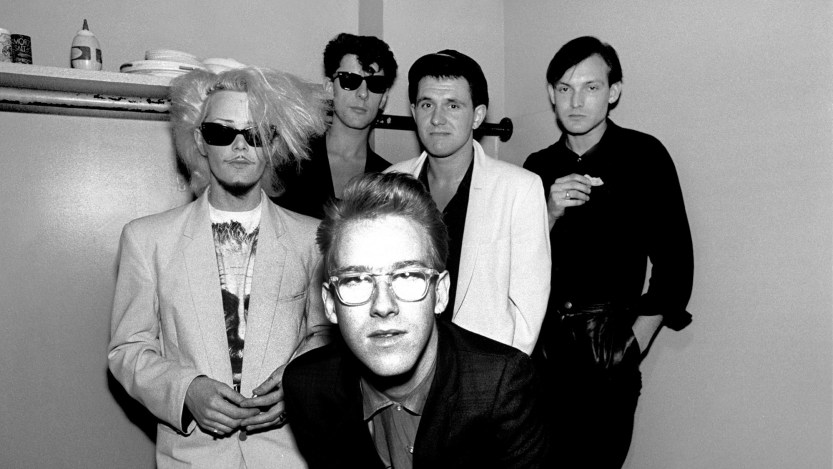 Portrait of the band Modern English backstage at the Park West in Chicago, Illinois, May 6, 1983. Counter clockwise from left, guitarist Gary McDowell, singer Robbie Grey, keyboard player Stepehn Walker, drummer Richard Brown, and bassist Michael Conroy. (Photo by Paul Natkin/Getty Images)