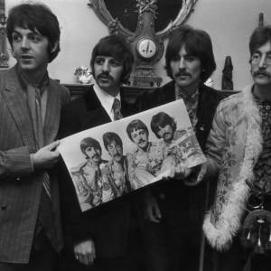 19th May 1967: The Beatles (left to right) Paul McCartney, Ringo Starr, George Harrison (1943 - 2001) and John Lennon (1940 - 1980) at a photocall for the launch of their new album 'Sergeant Pepper's Lonely Hearts Club Band', held at Brian Epstein's house at 24 Chapel Street, London. Lennon is wearing an afghan jacket and a sporran. (Photo by John Downing/Getty Images)