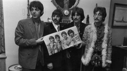 19th May 1967: The Beatles (left to right) Paul McCartney, Ringo Starr, George Harrison (1943 - 2001) and John Lennon (1940 - 1980) at a photocall for the launch of their new album 'Sergeant Pepper's Lonely Hearts Club Band', held at Brian Epstein's house at 24 Chapel Street, London. Lennon is wearing an afghan jacket and a sporran. (Photo by John Downing/Getty Images)