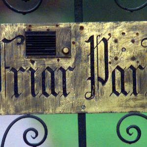 Sign on gate at George Harrison's home, built by Sir Frank Crisp