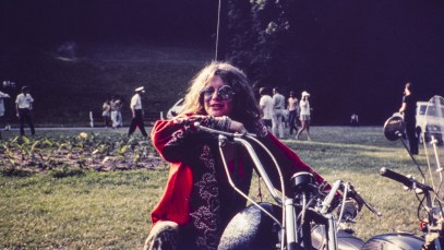 American singer-songwriter Janis Joplin (1943 - 1970) astride a chopper, Columbus, Ohio, June 1970. (Photo by John Byrne Cooke Estate/Getty Images)