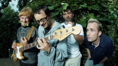 Wheatus, group portrait in the garden behind Abbey Road recording studios in London, United Kingdom, 2000. L-R Philip A. Jimenez, Brendan B Brown, Mike Joseph McCabe, Rich Liegey. (Photo by Martyn Goodacre/Getty Images)