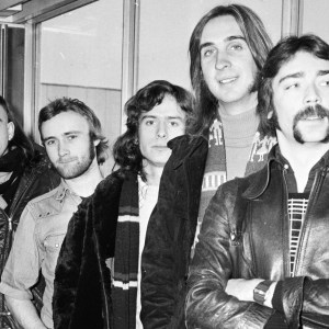 27th February 1974: British rock group Genesis, (from left) Peter Gabriel, Phil Collins, Tony Banks, Mike Rutherford and Steve Hackett at London Airport. (Photo by Dennis Stone/Express/Getty Images)