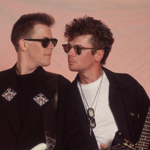 Portrait of Kirk Pengilly and Jon Farris of INXS at the Miami Arena in Miami, Florida, March 1, 1988. (Photo by Paul Natkin/Getty Images)