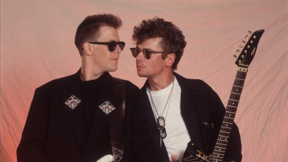 Portrait of Kirk Pengilly and Jon Farris of INXS at the Miami Arena in Miami, Florida, March 1, 1988. (Photo by Paul Natkin/Getty Images)