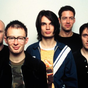 LOS ANGELES - JUNE 12: Rock band Radiohead (Thom Yorke 2nd from left) poses for a portrait at Capitol Records during the release of their album OK Computer in Los Angeles, California on June 12, 1997. (Photo by Jim Steinfeldt/Michael Ochs Archives/Getty Images)