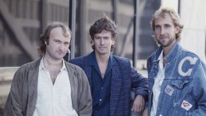 English rock group Genesis in Rosemont, Illinois, during the band's Invisible Touch Tour, October 1986. Left to right: singer/drummer Phil Collins, keyboard player Tony Banks and bassist Mike Rutherford. (Photo by Michael Putland/Getty Images)