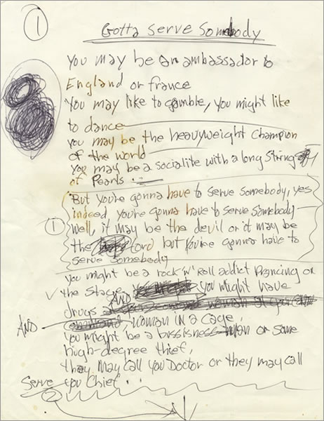 Bob Dylan Gotta+Serve+Somebody+Handwritten+Lyrics+-+MEMORABILIA-443847