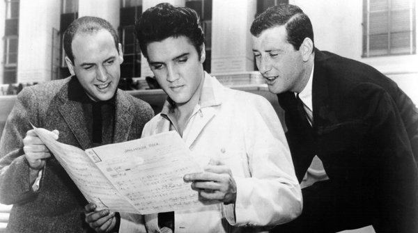 Mike Stoller, Elvis Presley and Jerry Leiber at MGM Studios in Culver City, California. 1957.